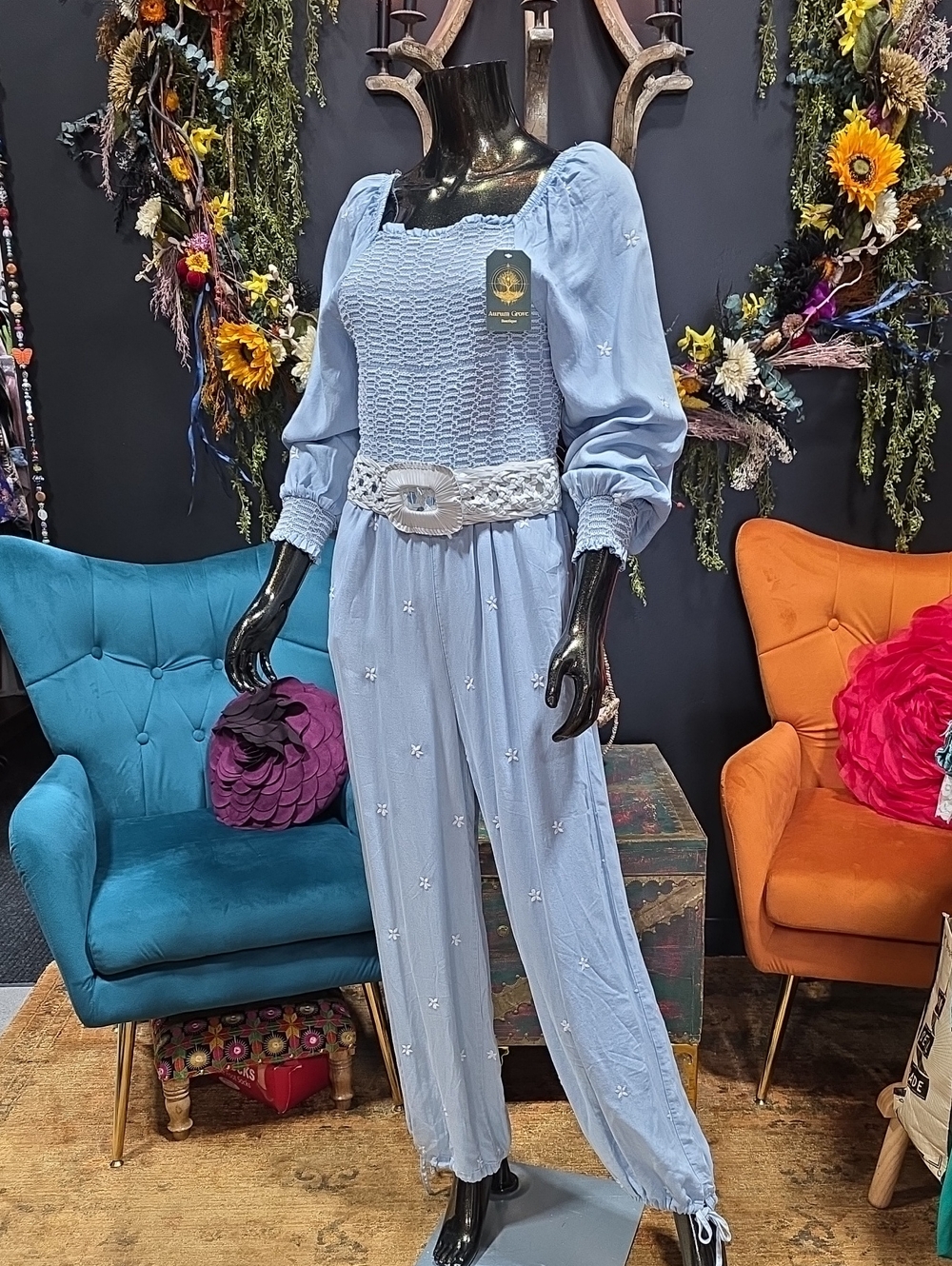 Smocked Puff-Sleeve On/Off Shoulder Blue Chambry Style Jumpsuit